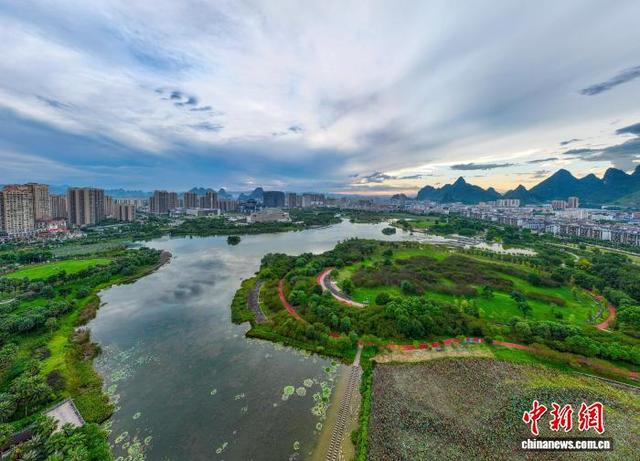 图为爱莲湖生态与城市楼宇、公园步道相互交融。何华文 摄